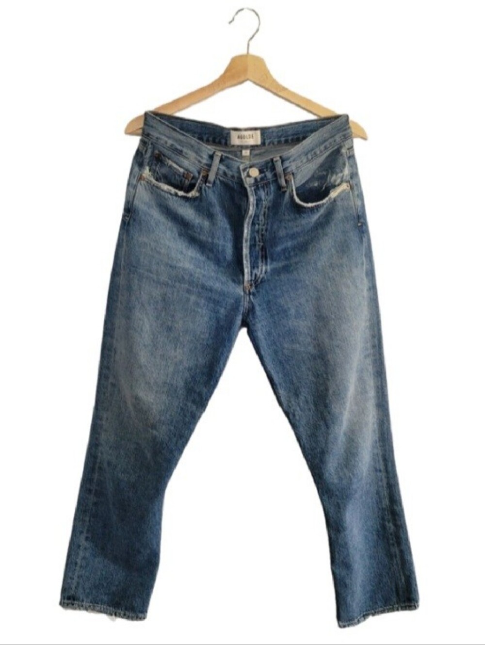 🎈SALE🎈AGOLDE Riley Distressed Straight Leg Crop Medium Blue Wash SZ 28 Raw Hem
